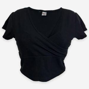 V Neck Rib Crop Black Color T-Shirt