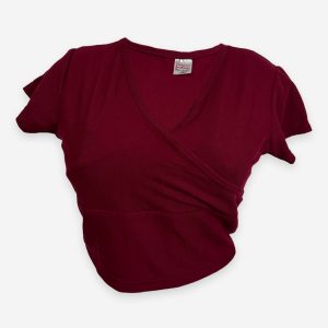 V Neck Rib Crop Top Dark Red T-Shirt