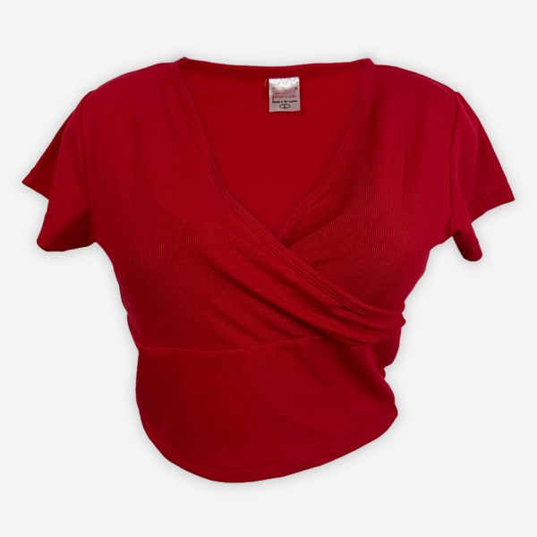 V Neck Rib Crop Top Red T-Shirt