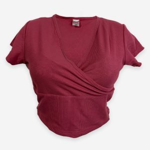 V Neck Rib Crop Top Pink Color T-shirt