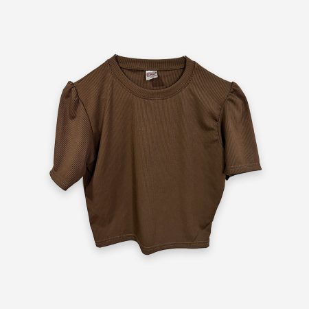 Round Neck Puff Sleeve Dark Chocolate Brown color T shirt