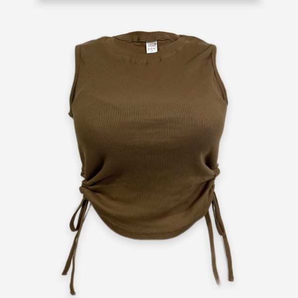 Rib Side Adjustable Sleeveless Brown Color T-shirt
