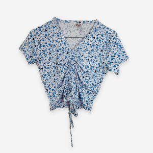 Ruched Printed Crop Top White and Blue Color