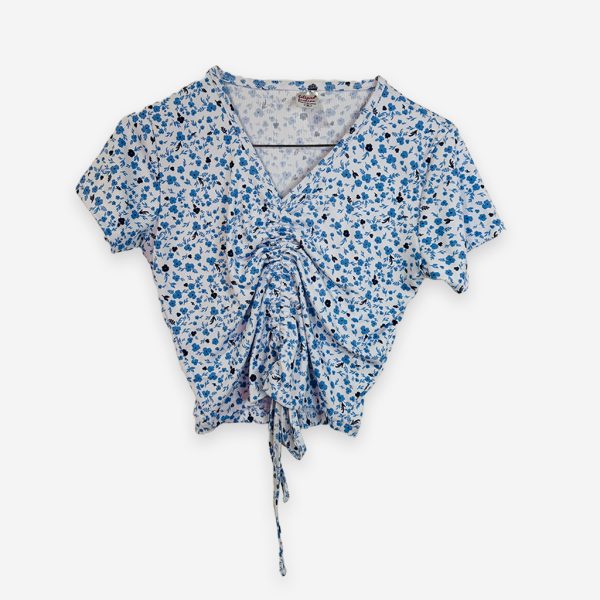 Ruched Printed Crop Top White and Blue Color