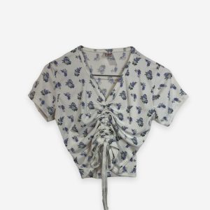 Ruched Printed Crop Top White and Purple Color