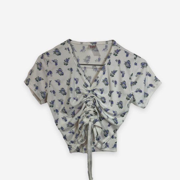 Ruched Printed Crop Top White and Purple Color