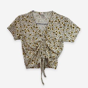 Ruched Printed Crop Top White and Brown Color