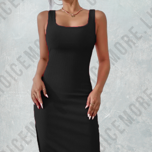 Square Neck Rib Black Dress