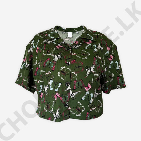 Butterfly Print Button Front Green Blouse