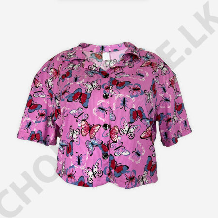 Home Page Butterfly Print Button Front Pink Blouse
