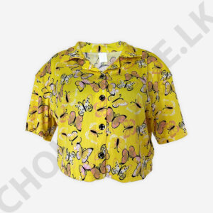 Butterfly Print Button Front Yellow Blouse