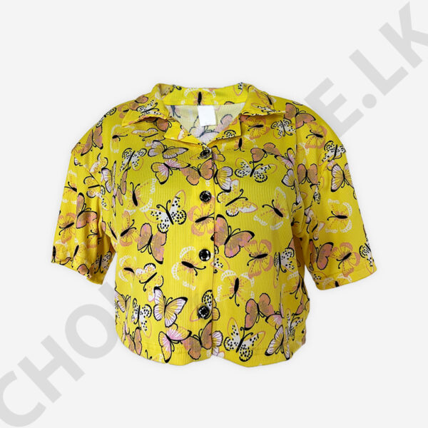 Butterfly Print Button Front Yellow Blouse