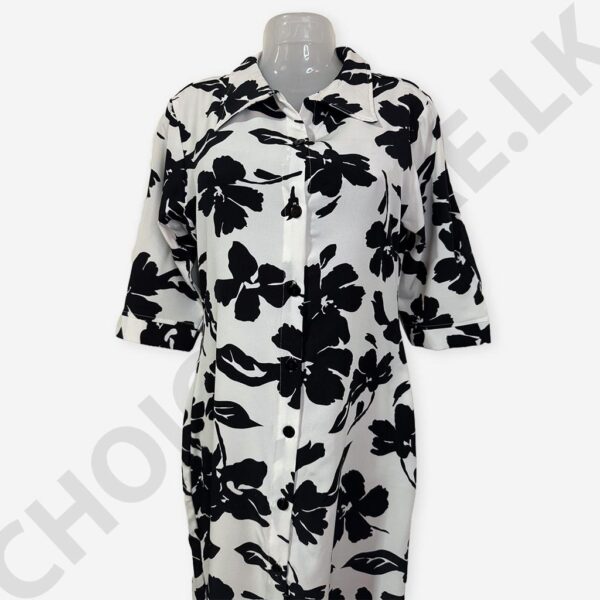 Long Sleeve Casual Lapel Button Shirt Dress White And Black