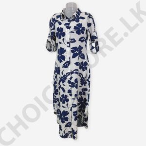 Long Sleeve Casual Lapel Button Shirt Dress White And Blue