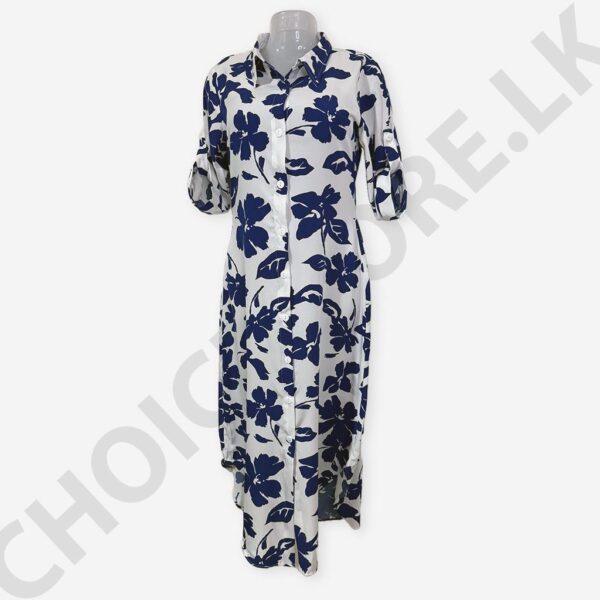 Long Sleeve Casual Lapel Button Shirt Dress White And Blue