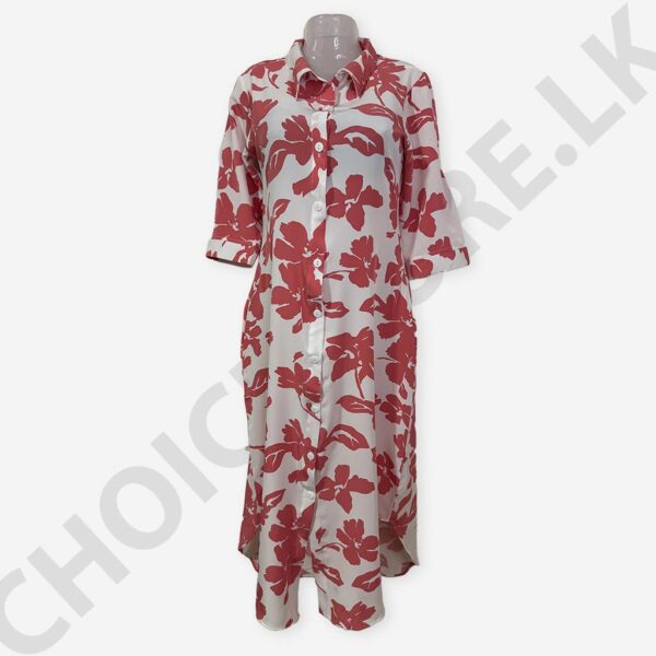 Long Sleeve Casual Lapel Button Shirt Dress White And Pink