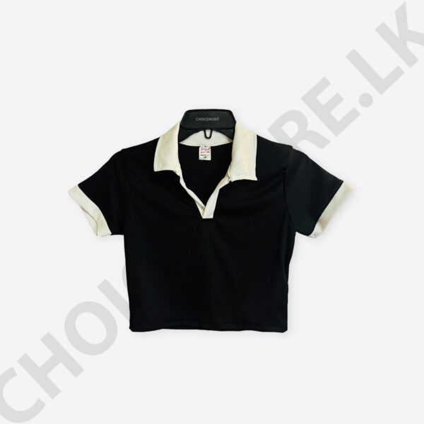 Short Sleeve Collar Crop Top Black And White Color