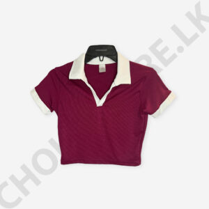 Short Sleeve Collar Crop Top Maroon And White Color