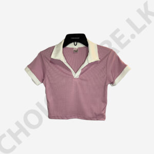 Short Sleeve Collar Crop Top Pink And White Color