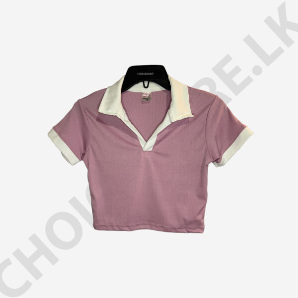 Short Sleeve Collar Crop Top Pink And White Color