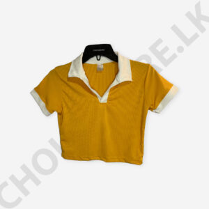 Short Sleeve Collar Crop Top Yellow And White Color