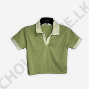 Short Sleeve Collar Crop Top Light Green And White Color