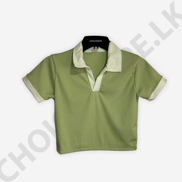 Short Sleeve Collar Crop Top Light Green And White Color