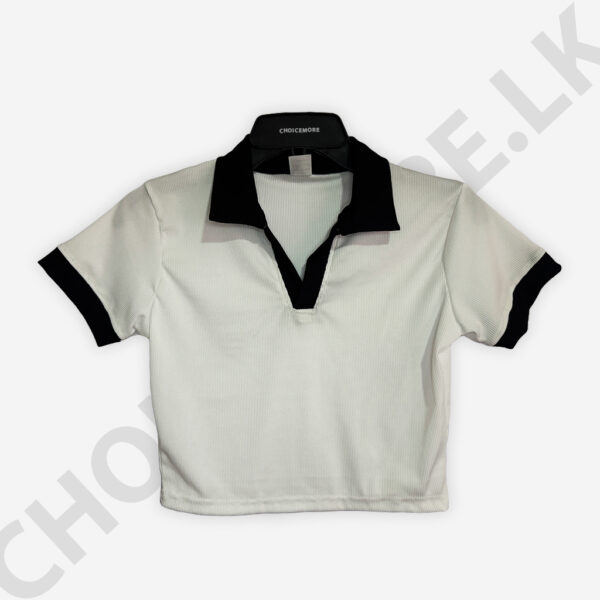 Short Sleeve Collar Crop Top White Color