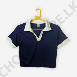 Short Sleeve Collar Crop Top Dark Blue And White Color