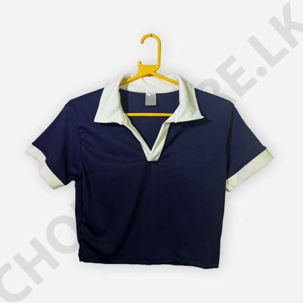 Short Sleeve Collar Crop Top Dark Blue And White Color