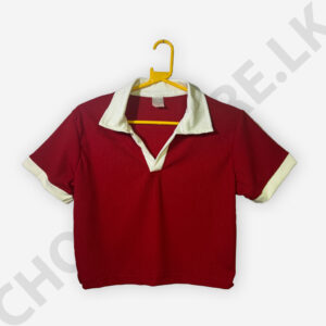 Short Sleeve Collar Crop Top Red And White Color