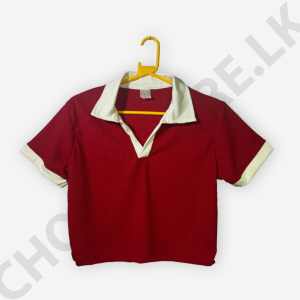 Short Sleeve Collar Crop Top Red And White Color