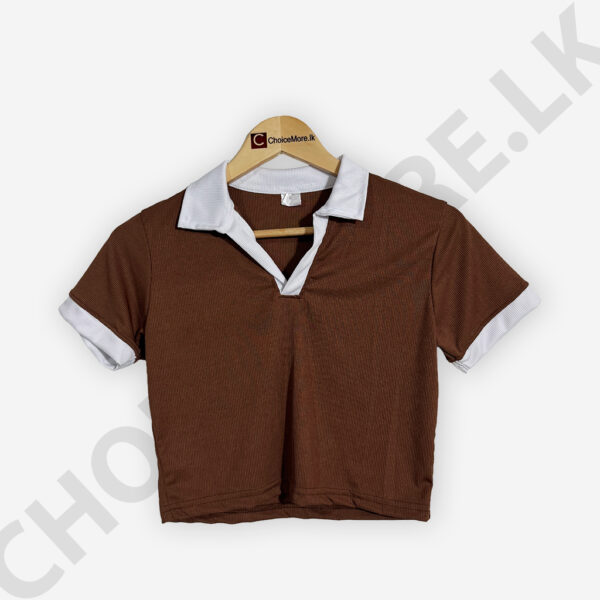 Short Sleeve Collar Crop Top Brown And White Color