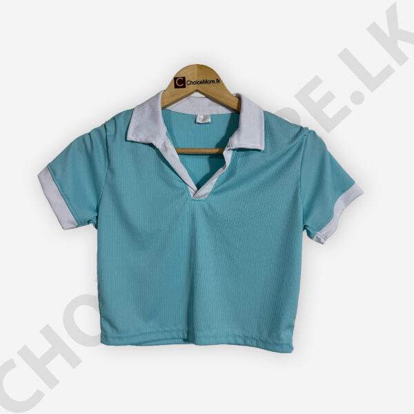 Short Sleeve Collar Crop Top Light Blue And White Color