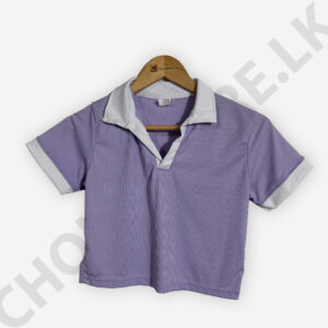 Short Sleeve Collar Crop Top Purple And White Color