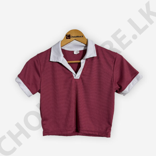 Short Sleeve Collar Crop Top Dark Pink And White Color